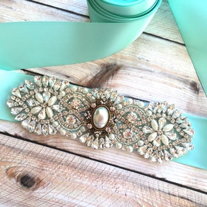 Aqua Blue Wedding Sash with Pearls, Custom Bridal Belt, Bridal Wedding Sash, Antique Pearl Centerpiece