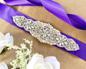 Royal Purple Sash, Purple Wedding Sash Belt, Regal Purple Wedding Belt, Crystal Sash Belt, Purple Bridesmaid Sash