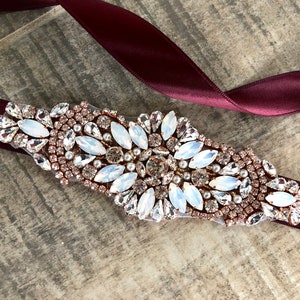 Burgundy Flower Girl Sash, Burgundy wedding sash, Sash for wedding dress, rose gold sash, sash for kids, rose gold opal sash belt
