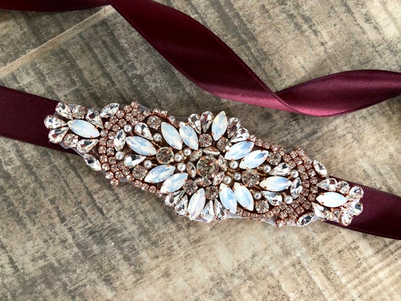 Burgundy Flower Girl Sash, Burgundy wedding sash, Sash for wedding dress, rose gold sash, sash for kids, rose gold opal sash belt