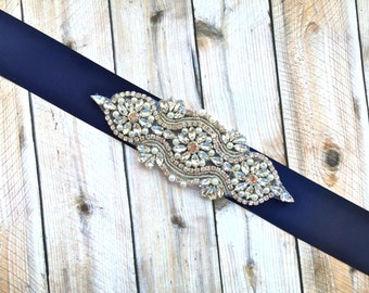 Perla de faja de boda, correa de damas de honor, faja nupcial, cinturón de piedra de Renania, cinturón de boda de Rhinestone, faja azul marino, faja con cuentas, cinturón con cuentas