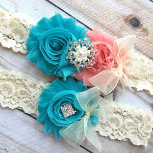 Turquoise Wedding Garter, Aqua and Coral Wedding Garter Set, Wedding Garter Aqua, Coral Turquoise Garter, Coral Garter, Coral Bridal Garter