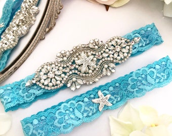 Strand Hochzeitsstrumpfband, keine Slip Seestern Strumpfbänder, Seestern Braut Strumpfband, Strass und Perlen, Seesterne Hochzeit - 1801-T