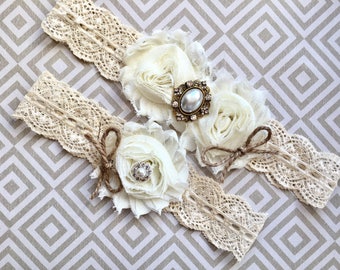 Liga de boda rústica, conjunto de liga rústica - liga de boda, liga de novia - arpillera y encaje, liga rústica vintage