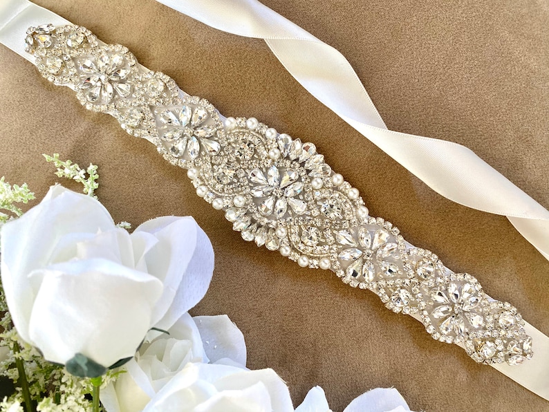 Crystal wedding sash, Crystal bridal sash, crystal sash belt, ivory wedding sash, ivory bridal sash, ivory sash belt, crystal wedding belt image 1