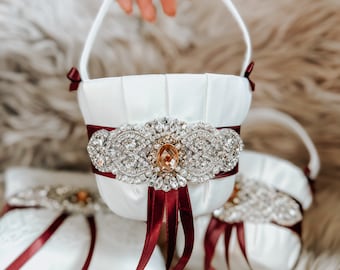 Burgundy Flower Girl Basket with Blush Detail // Burgundy Ring Bearer Pillow // Burgundy Wedding Accessories // Petal Basket // Ring Pillow