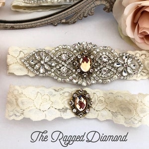 Vintage Wedding Garter Set with Rhinestones and Pearls, Non Slip Garters - 1811-I