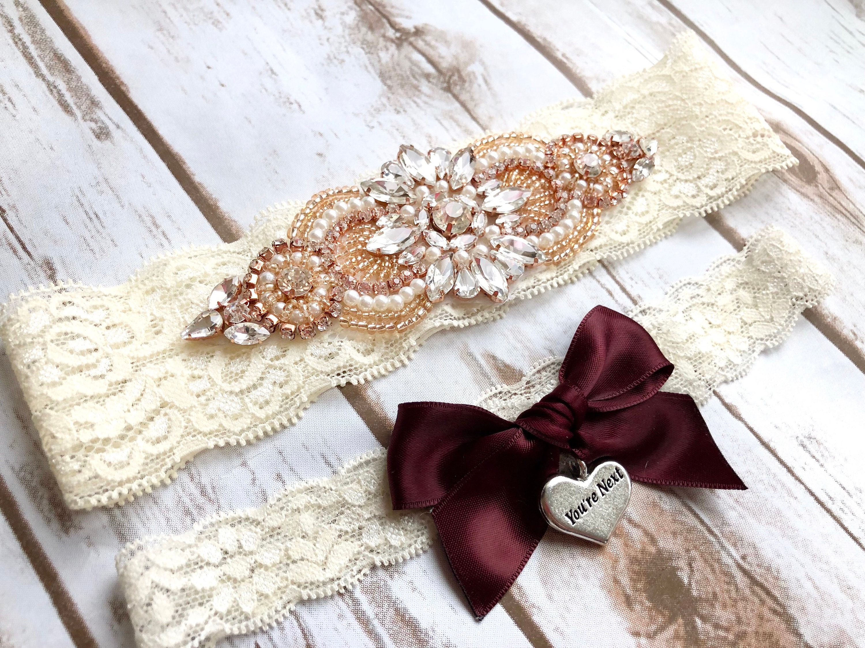 Rose Gold Bridal Garter, Rose Gold Garters, Rose Gold Garters For Wedding, Wine Garter Set, You're Next Garter, No Slip Garters, Garter Set