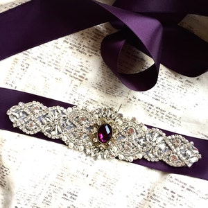 Wedding sash, purple sash, vintage bridal sash, bridesmaid sash, eggplant belt, rhinestone sash, rhinestone sash belt, bridal belt purple image 2