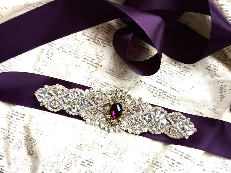 Wedding sash, purple sash, vintage bridal sash, bridesmaid sash, eggplant belt, rhinestone sash, rhinestone sash belt, bridal belt purple image 2