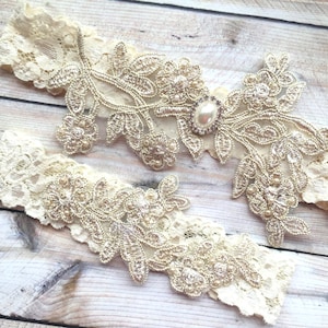 Gold Wedding Garter, Gold Bridal Garter, Lace Bridal Garter, Lace Wedding Garter, Gold Garters, Leg Garter Gold, Garter Set Gold, Garters image 1