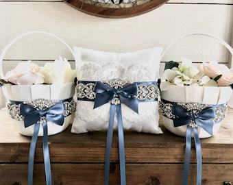 Steel Blue Flower Girl Basket, Dusty Blue Flower Girl Basket and Ring Bearer Pillow Set, Flower Girl Basket Blue, Petal Basket