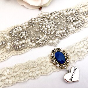 Jarretière de mariage ensemble, ensemble de Jarretière de mariée, mariage jarretière bleu, dentelle au point mousse, jarretière de mariée ensemble, perle, mis au point quelque chose de bleu mousse