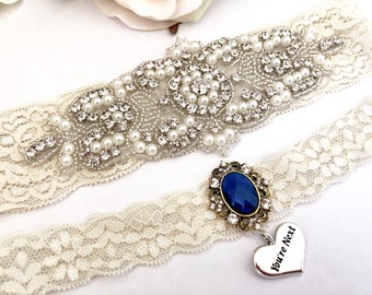 Jarretière de mariage ensemble, ensemble de Jarretière de mariée, mariage jarretière bleu, dentelle au point mousse, jarretière de mariée ensemble, perle, mis au point quelque chose de bleu mousse