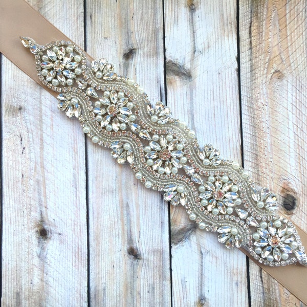 Bridal Sash, Wedding Sash Rhinestone, Wedding Sash Belt, Rhinestone Belt, Rhinestone Wedding Belt, Champagne Sash, Beaded Sash, Pearl Belt