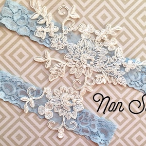 Blue Lace Garter Blue Wedding Garter Bridal Garter Blue No Slip Garters Blue Wedding Gift - 1918-B