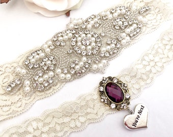 Wedding Garter Set, Bridal Garter Set, Wedding Garter Plum, Lace Garter Set, Pearl Bridal Garter, Ivory Bridal Garter with Purple Accent