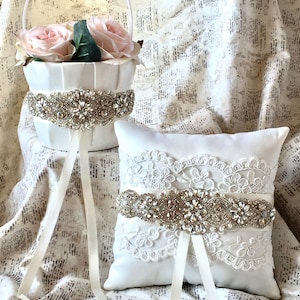 Lace flower girl basket and ring bearer pillow, ivory flower girl basket, flower girl basket lace, flower girl basket ivory, flower basket