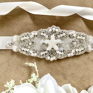 Unique Starfish Bridal Sash, Beach Wedding Sash, Starfish Wedding, Destination Wedding Sash, Vintage Rhinestones and Pearls, Pearl Sash