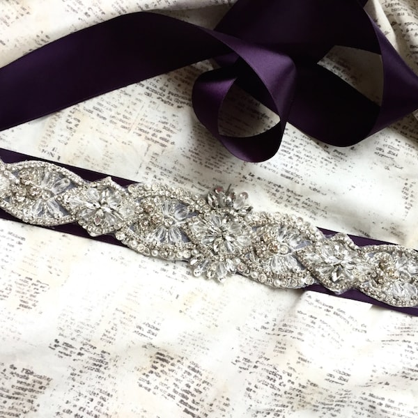 Eggplant sash, purple bridal sash, eggplant bridal sash, dark purple sash, purple wedding sash, beaded sash, DIY sash, DIY bridal sash