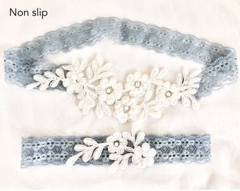 Blue Lace Garter Set, non slip garters, bridal garter set, garters for wedding, beaded lace appliqué, something blue gift, TRD102