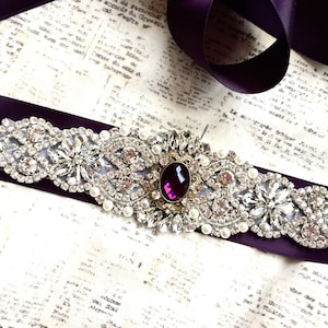 Wedding sash, purple sash, vintage bridal sash, bridesmaid sash, eggplant belt, rhinestone sash, rhinestone sash belt, bridal belt purple image 1