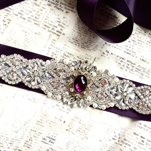 Wedding sash, purple sash, vintage bridal sash, bridesmaid sash, eggplant belt, rhinestone sash, rhinestone sash belt, bridal belt purple