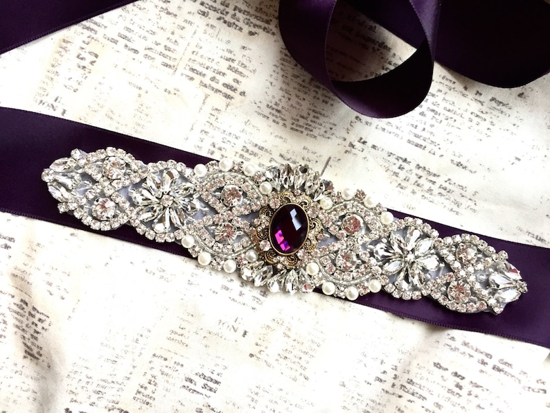 Wedding sash, purple sash, vintage bridal sash, bridesmaid sash, eggplant belt, rhinestone sash, rhinestone sash belt, bridal belt purple image 1