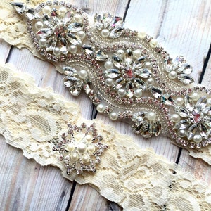 Pearl Garter, Rhinestone Garter, Ivory Garter, Ivory Wedding Garter Set, Rhinestone Wedding Garter, Lace Bridal Garter, Pearl Garter Set