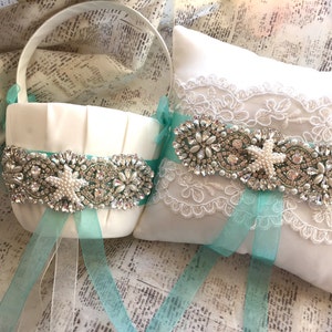 Beach Flower Girl Basket and Ring Bearer Pillow, Beach Ring Bearer pillow, Beach Ring Cushion, Starfish Flower Girl Basket, Blue Ring Pillow