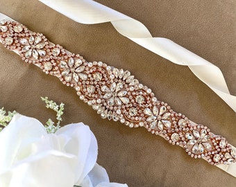 Thin Rose Gold Bridal Sash, Ivory and Rose Gold Wedding Belt, Unique Sashes and Belts, Choose Satin Belt Color