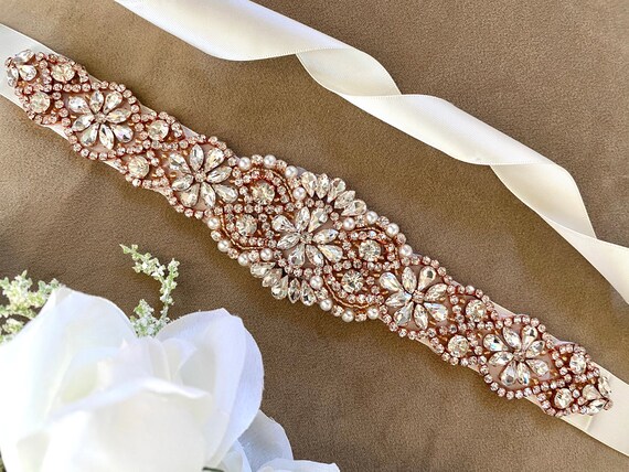 Thin Rose Gold Bridal Sash Ivory and Rose Gold Wedding Belt Unique Sashes and Belts Choose Satin Belt Color Etsy