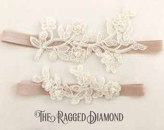 Wedding Garter Set, Champagne Beaded Lace Garter Set, No Slip Garter Set, Bridal Wedding Garter - 1923-CE