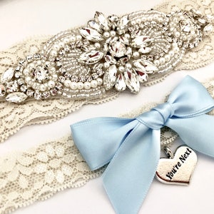 Vintage Wedding Garter Blue, Blue Bridal Garter Set, Something Blue Wedding Garter, IVORY - 2456-IL