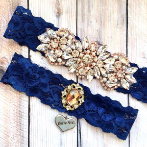 Rose Gold Wedding Garter, No Slip Lace Wedding Garter Set, Vintage Rhinestones and Opals, Bridal Garter Set -3101 -NL