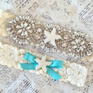Liga de noiva Starfish, conjunto de liga de praia, conjunto de liga Starfish, liga de casamento Aqua, ligas de praia, conjunto de liga de pérola, liga de noiva