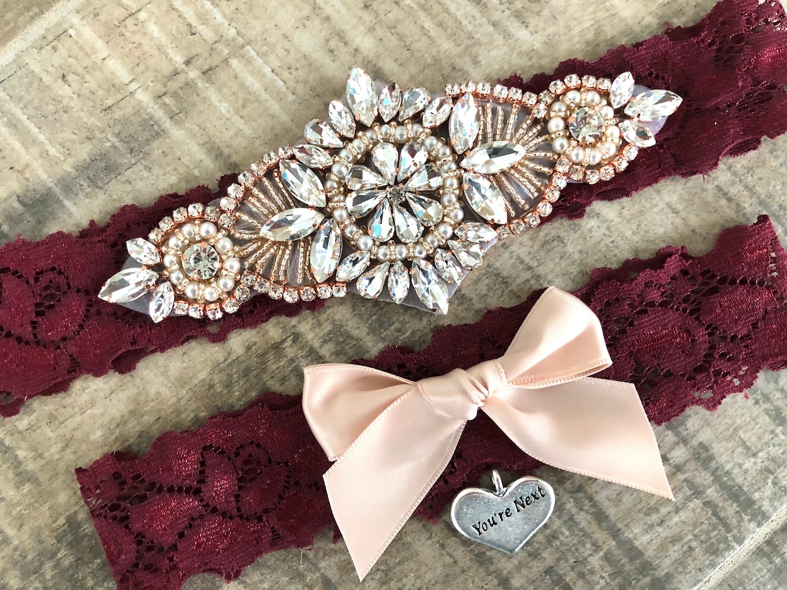 Burgundy Garter Set Rose gold Wedding Garter non slip image 1