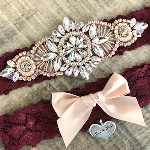 Burgundy Garter Set, Rose gold Wedding Garter, non slip garters, wine garters for wedding