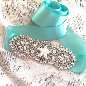 Beach Wedding Sash Belt, Sarfish Sash, Starfish Bridal Belt, Beach Bridesmaids Sash, Aqua Sash, Bohemian Sash Belt, Blue Sash Belt