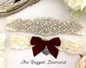 Burgundy Wedding Garter, Rhinestone No Slip Garter, Wine Garter Set, Vintage Crystals and Pearls
