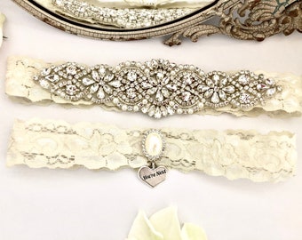 Ivory wedding garter, rhinestone garter set, garters with rhinestones, you're next garters, rustic wedding garter, vintage wedding garter