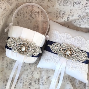 Navy Blue Flower Girl Basket, Navy Ring Bearer Pillow, Vintage Ring Pillow, Vintage Flower Girl Basket, You design, Flower Girl Basket