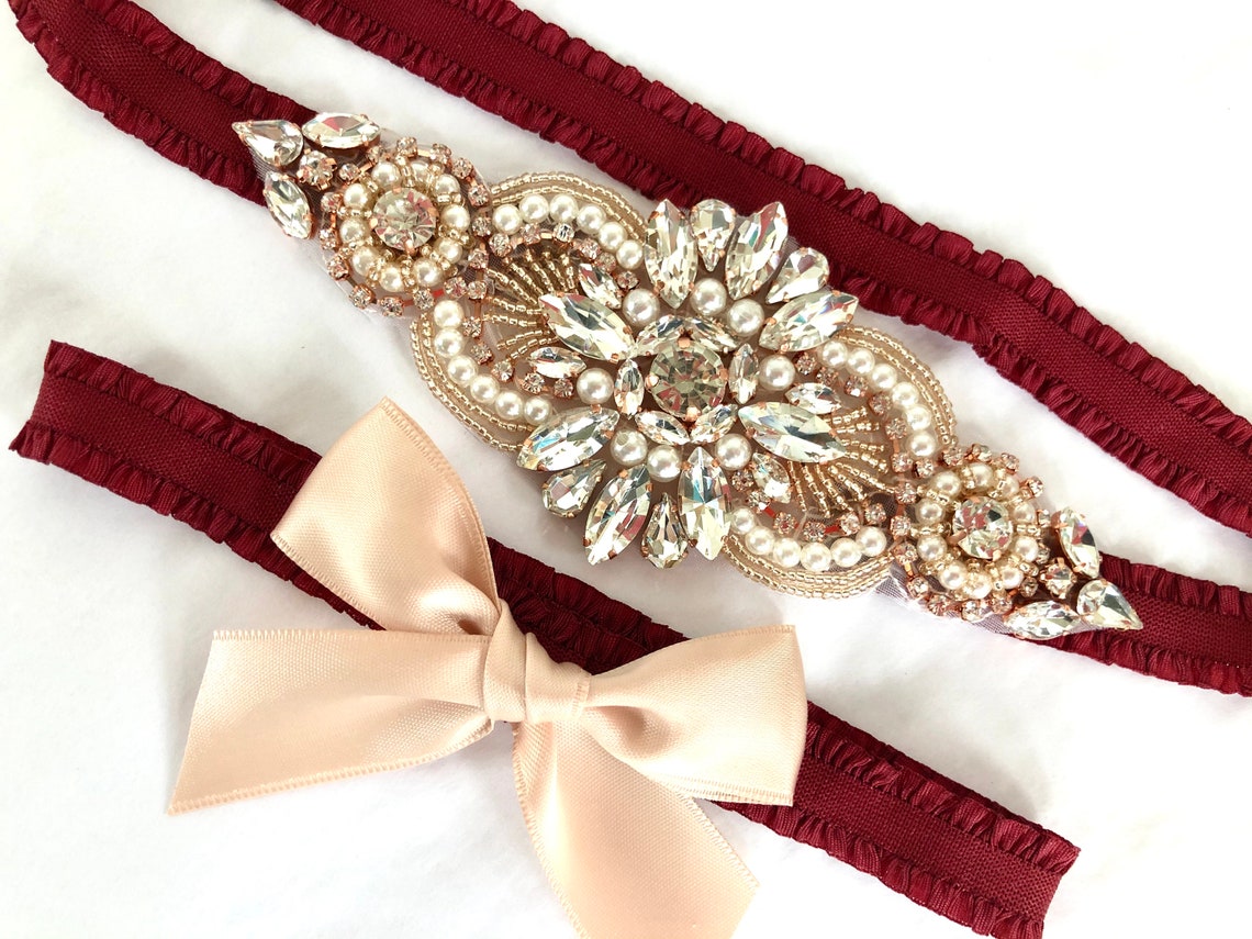 Rose Gold Garters for Wedding No Slip Burgundy Garter Set image 1