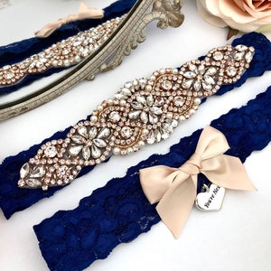Rose gold and Navy Wedding Garter Set, Non Slip Grip Garter, Navy Lace Bridal Garter