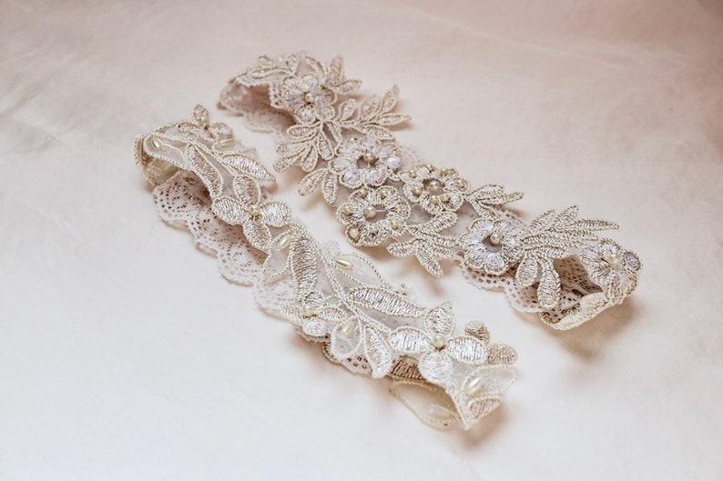 Champagne Lace Bridal Garter Set // Embroidered lace & Pearl detail // Vintage Lace Garter // Non Slip Garter // Boho Garters for Wedding image 1