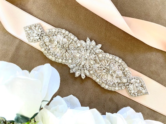 Floral Beaded Bridal Ribbon Belt Ivory Lace Wedding Dress Belt: Beaded Flower Sash With Tulle  main image 4