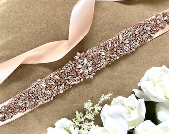 Long Rose Gold Wedding Sash, Rose Gold Sash, Blush Wedding Sash, Vintage Rhinestone Sash Blush, unique Rose Gold Sash Belt