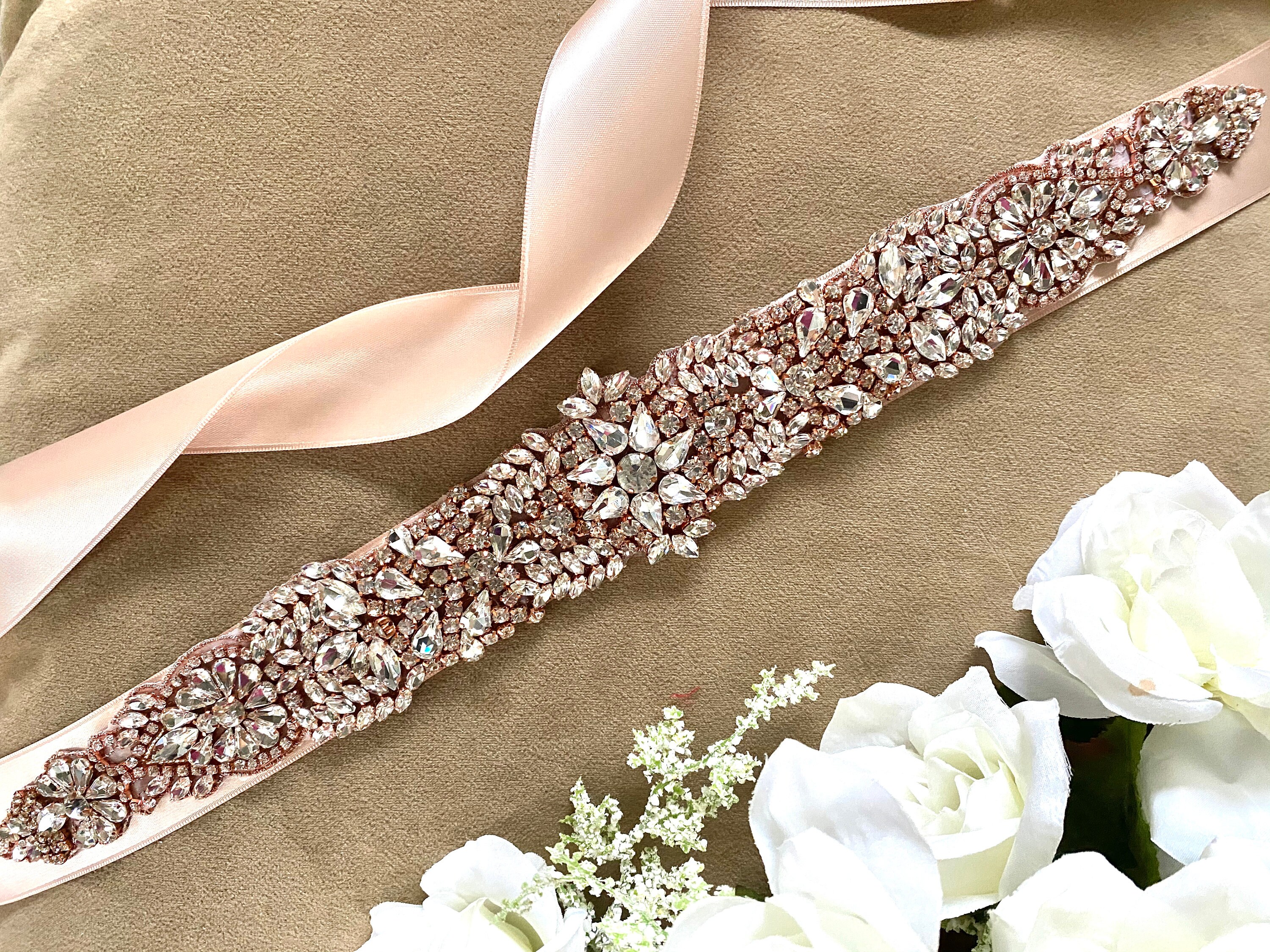 Long Rose Gold Wedding Sash, Rose Gold Sash, Blush Wedding Sash, Vintage Rhinestone Sash Blush, unique Rose Gold Sash Belt