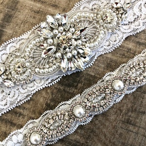 Vintage Pearl Wedding Garter, Pearl Bridal Garter Set, Art Deco Garter Set, Rhinestones pearls non slip garter - 2456-IL