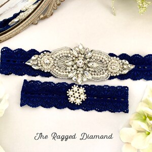 Wedding garter Set, No Slip Garters, Navy Bridal Garter, Vintage pearls and  rhinestones
